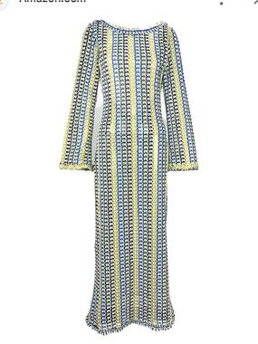 Striped Blue, Yellow & White Swim Coverup Maxi Dress